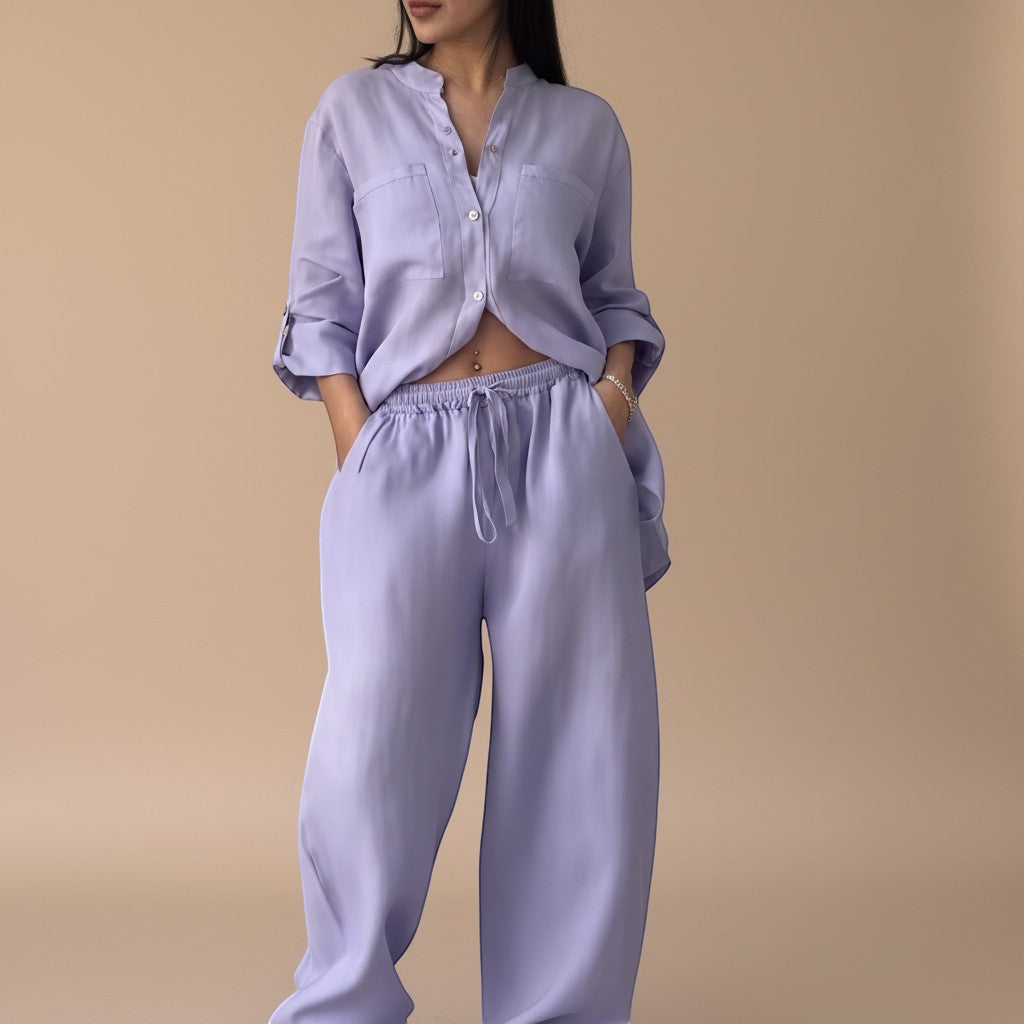 Women's easy-to-wear relaxed button-down shirt & wide leg pants set. Perfect for casual wear.