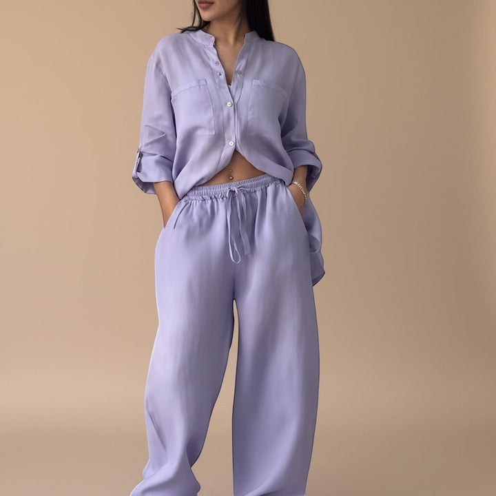 Women's easy-to-wear relaxed button-down shirt & wide leg pants set. Perfect for casual wear.