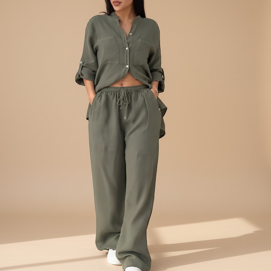 Women's stylish wide-leg pants & relaxed button-down shirt matching set. Summer fashion.