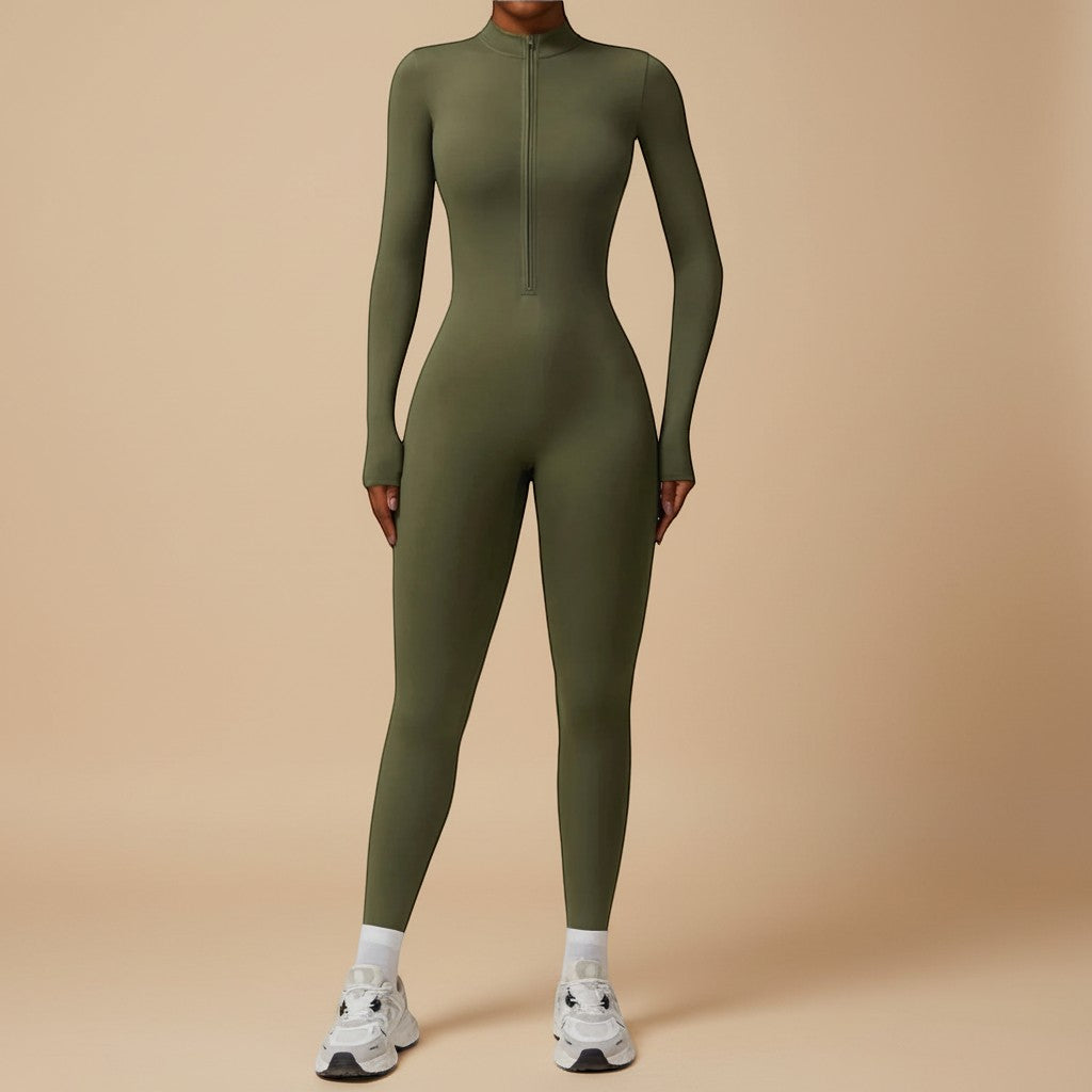 Comfortable women's fitted jumpsuit with long sleeves and a front zipper, providing a sleek, sculpting look.