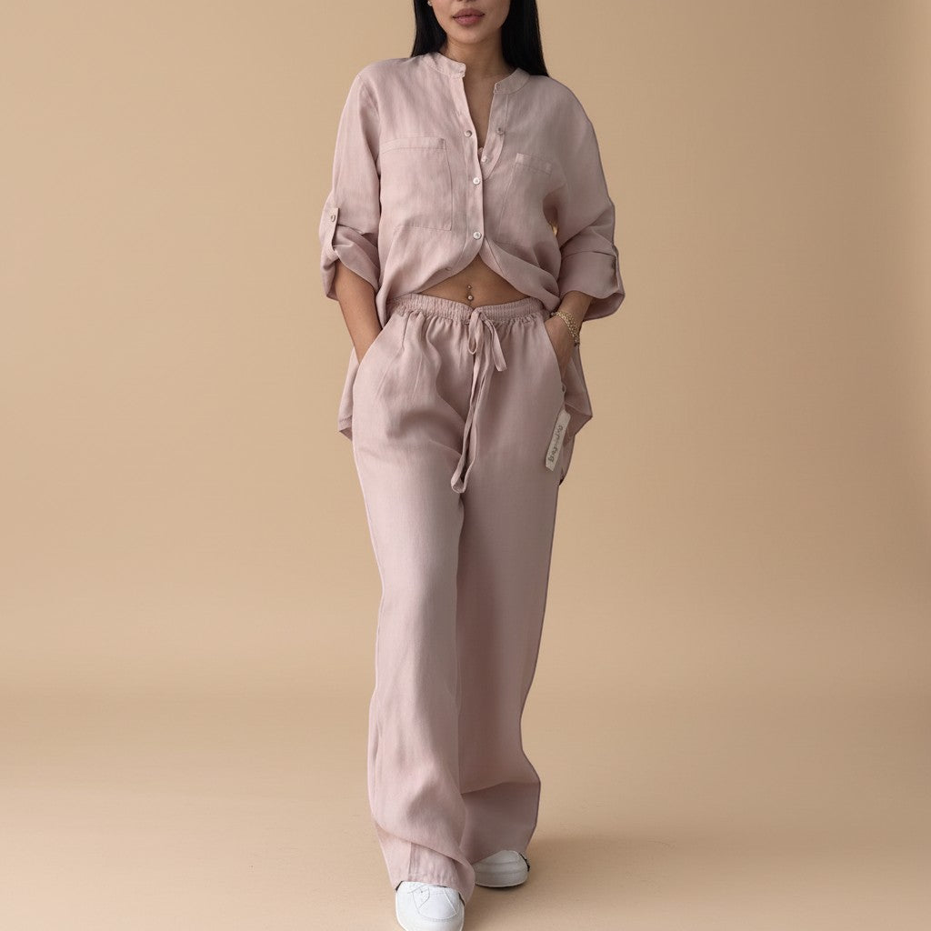 Super comfortable women's relaxed fit shirt & wide leg pants set. Ideal for travel or lounge.