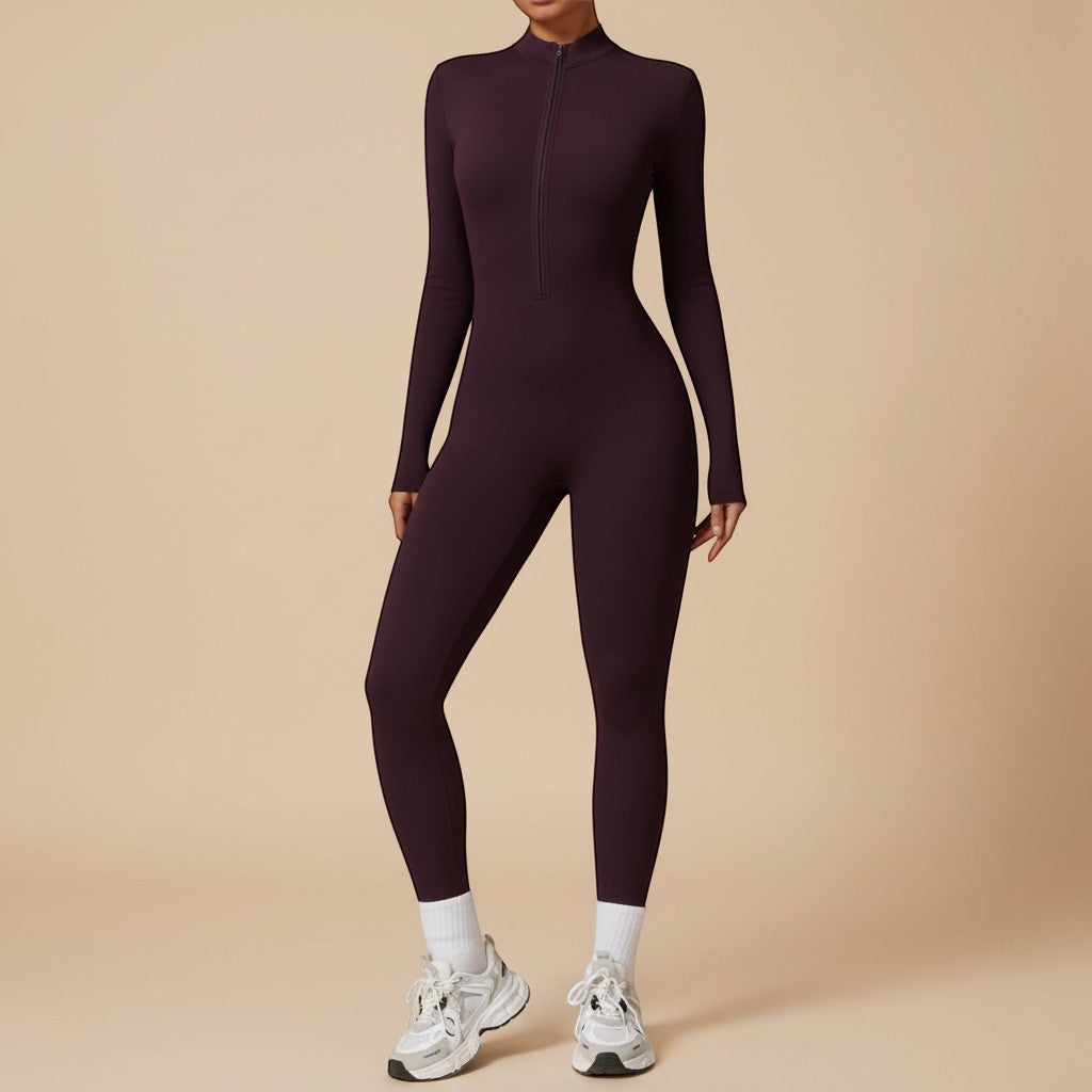 Fitted women's long sleeve jumpsuit with a zip front, offering a comfortable, sleek, and modern silhouette.