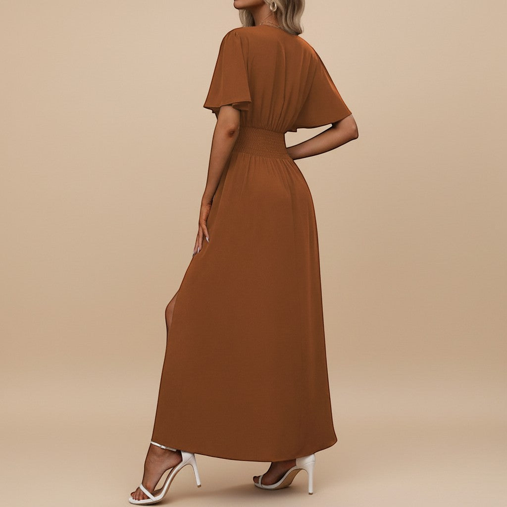 Front view: elegant women's V-neck maxi dress with flutter sleeves and defined waist for formal wear.