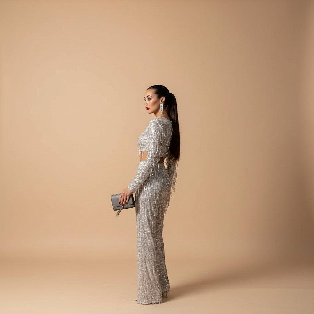 Chic women's sequin co-ord set: crop top and wide leg pants. Ideal for evening events, night out, or parties.