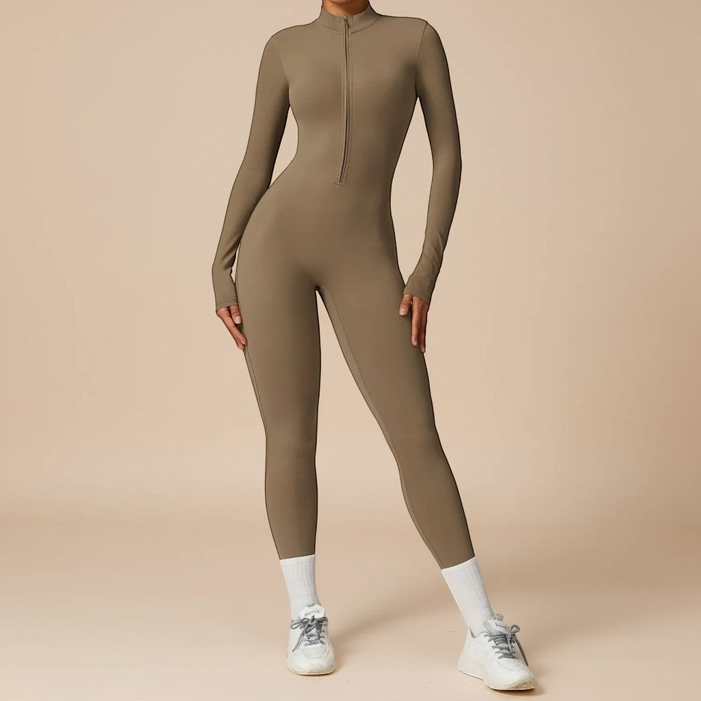 Sleek sculpting women's jumpsuit featuring a convenient zip front and full-length long sleeves. Perfect for comfort.