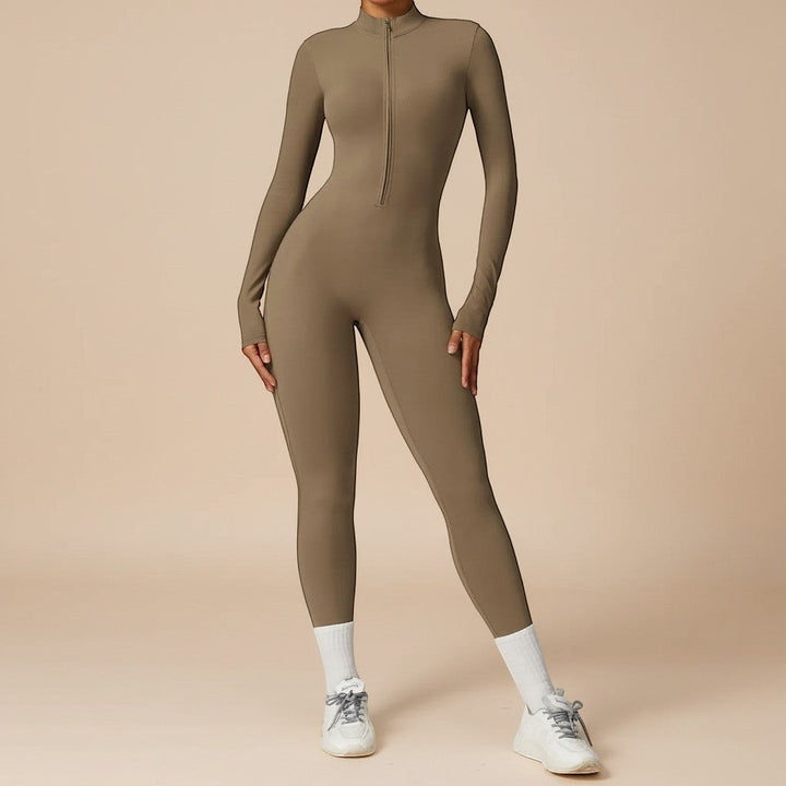 Sleek sculpting women's jumpsuit featuring a convenient zip front and full-length long sleeves. Perfect for comfort.