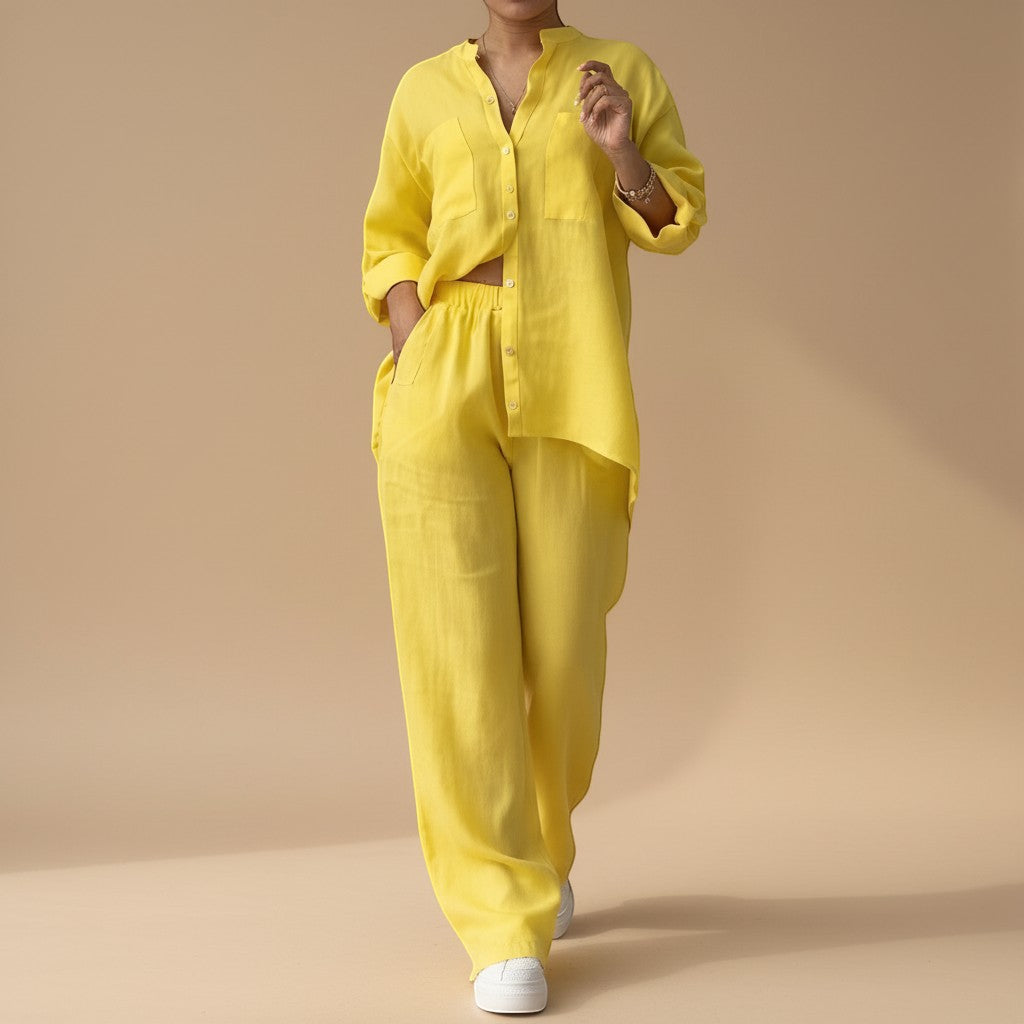 Effortless chic women's relaxed button-down shirt & wide leg pants set. Perfect for spring/summer.