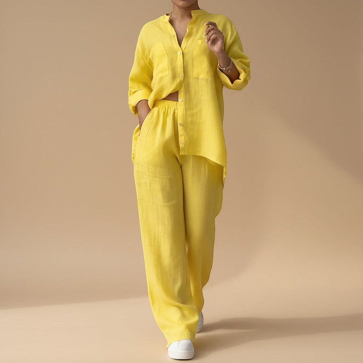 Effortless chic women's relaxed button-down shirt & wide leg pants set. Perfect for spring/summer.