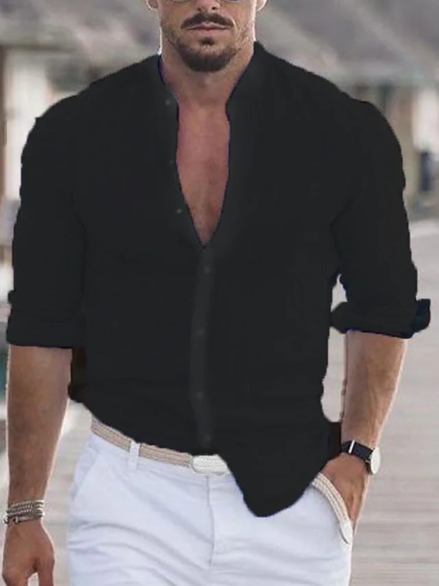 Men's stylish black button-up casual shirt, perfect for versatile everyday wear and comfort.