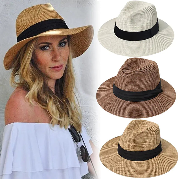 Unisex Panama straw sun hat, foldable UPF50+ for beach and travel. Stylish & protective summer accessory.