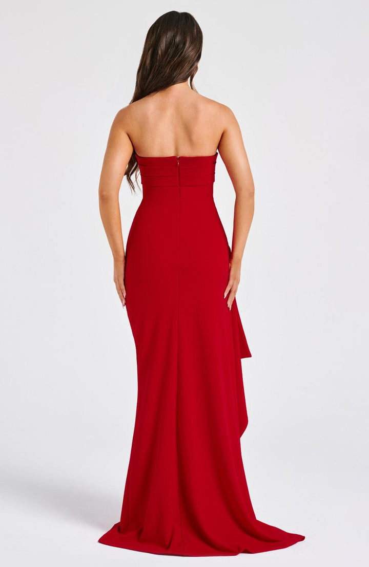 Vibrant red strapless bodycon maxi dress, a stunning piece for elegant summer fashion.