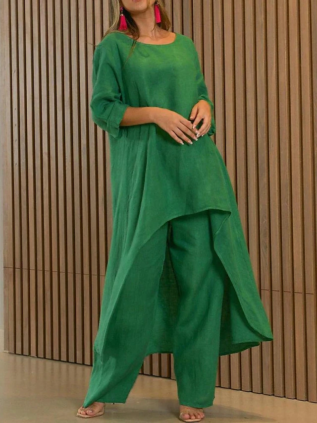 Comfortable women's long sleeve top and wide leg pants set. Perfect for relaxed weekend lounging or casual wear.