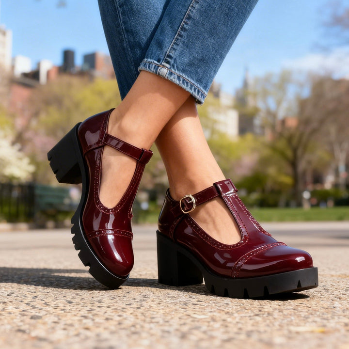 Women's Classic Mary Jane Heels with T-bar strap, elegant block heel, perfect for dress & professional wear.