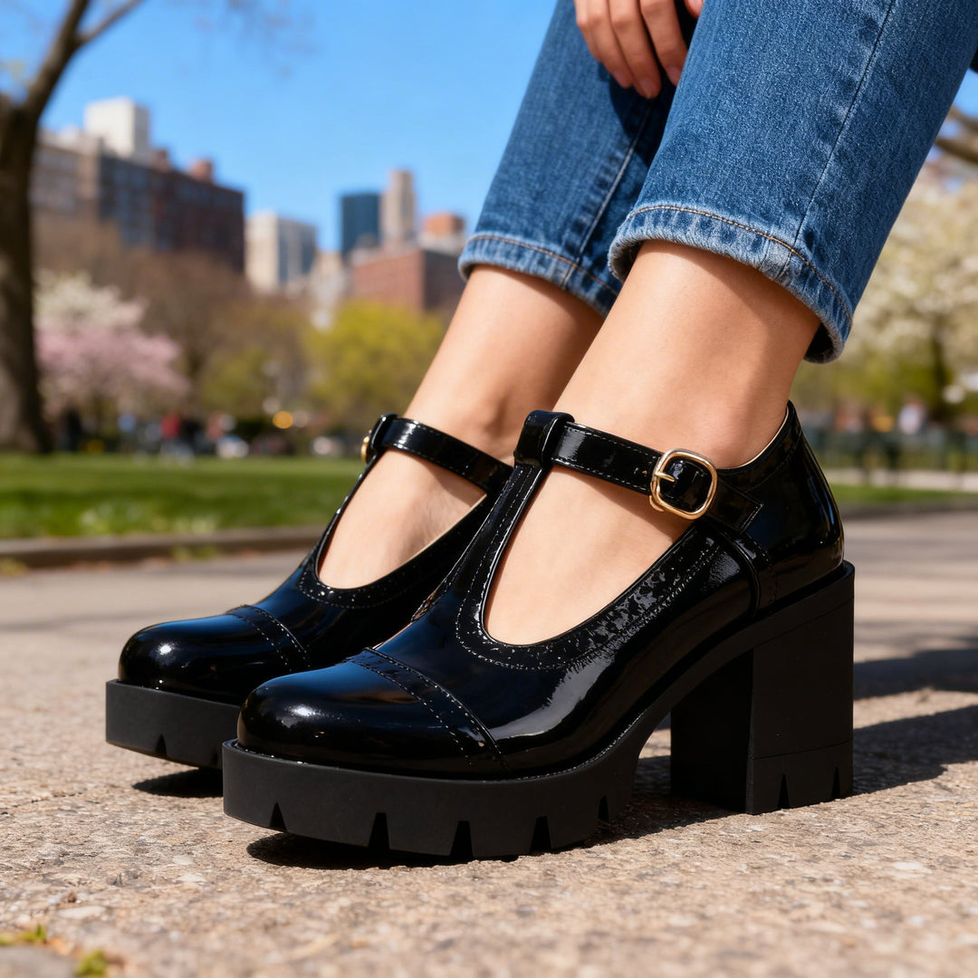 Classic style women's Mary Jane heels with a refined T-bar strap and comfortable block heel. Elegant dress shoes.