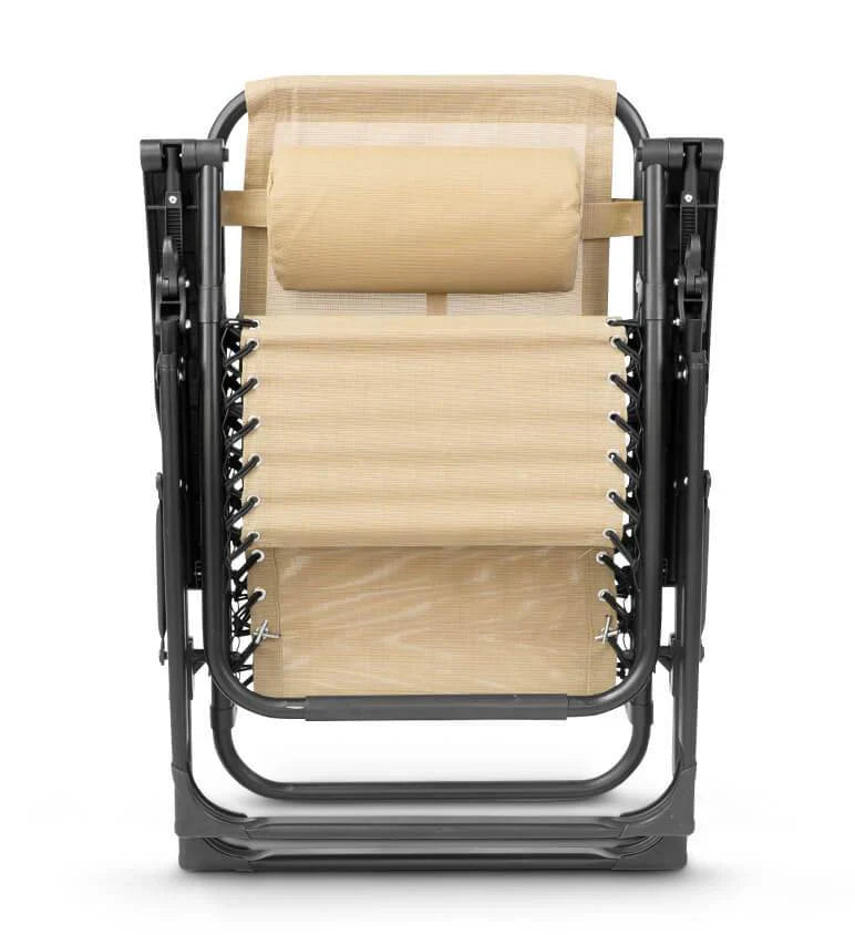 Zero gravity folding chair in black with adjustable headrest, ergonomic design, foldable for outdoor and indoor relaxation.