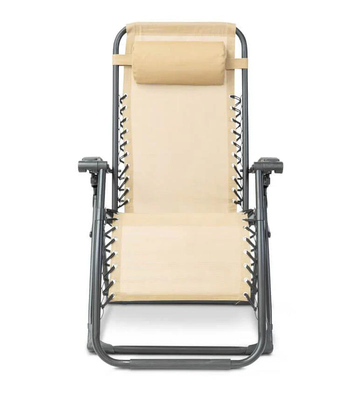 Zero gravity folding chair in black with adjustable headrest, ergonomic design, foldable for outdoor and indoor relaxation.