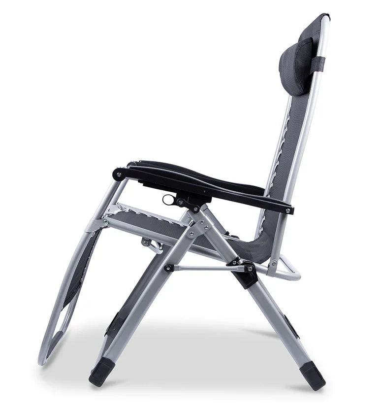 Zero gravity folding chair in black with adjustable headrest, ergonomic design, foldable for outdoor and indoor relaxation.