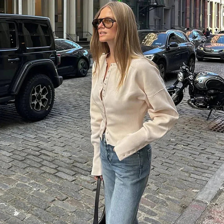 Versatile women's elegant knit button-up cardigan, great for fall outfits, spring style, and transitional fashion.