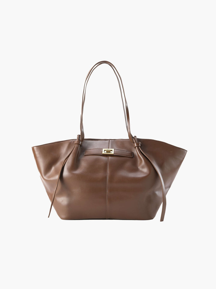 Women's elegant structured shopper bag with prominent gold details. A stylish and versatile everyday tote.