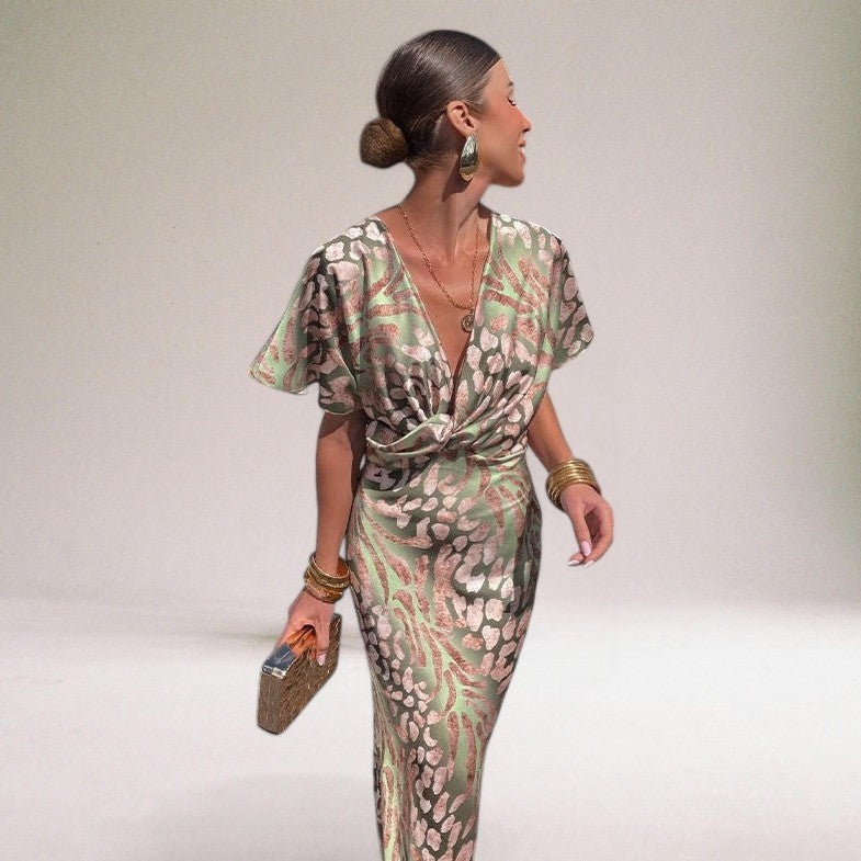 Sophisticated women's long wrap dress. Elegant maxi dress for wedding guests, parties, or formal evening events.