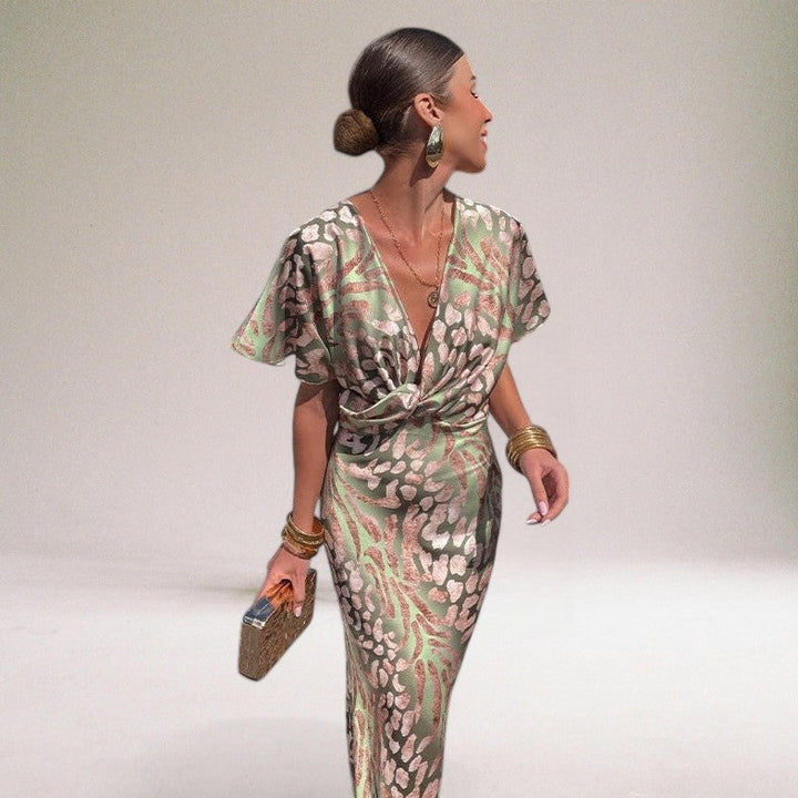 Sophisticated women's long wrap dress. Elegant maxi dress for wedding guests, parties, or formal evening events.