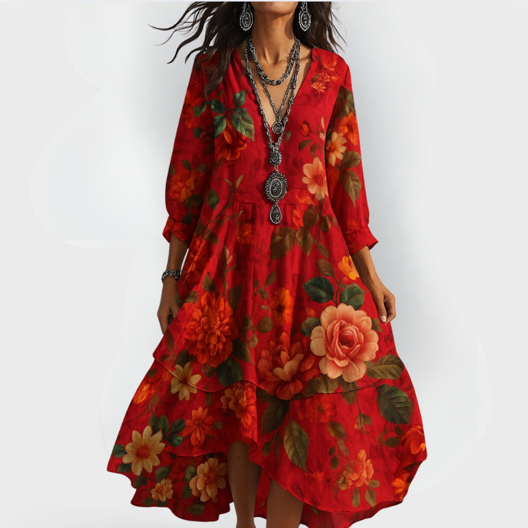 Comfortable women's long sleeve boho maxi dress with a vibrant floral print, versatile for any summer occasion.