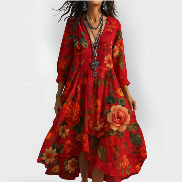 Comfortable women's long sleeve boho maxi dress with a vibrant floral print, versatile for any summer occasion.