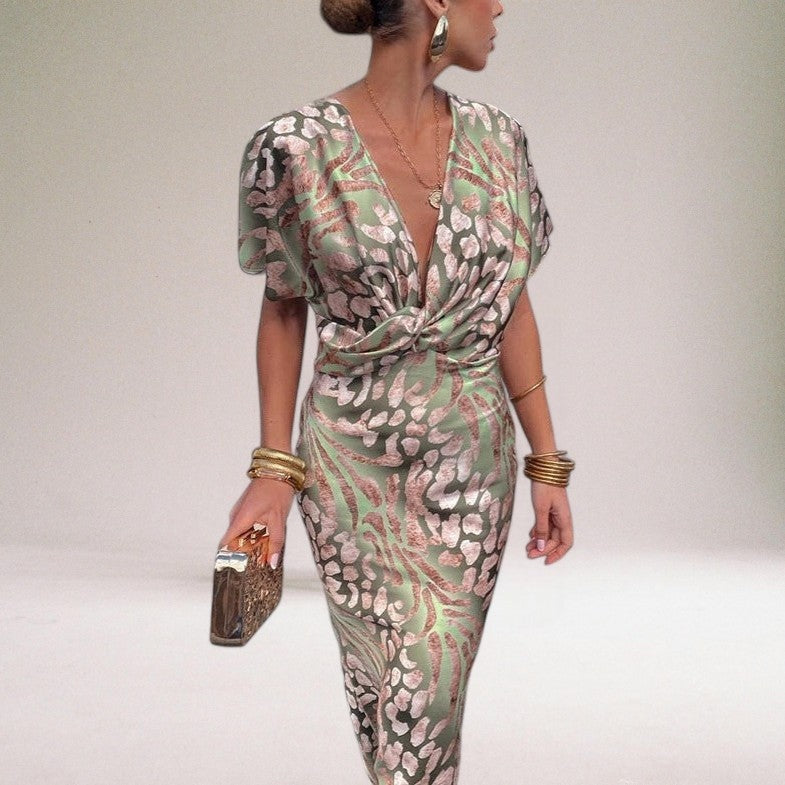 Women's elegant party maxi dress with V-neck & cinched waist. Perfect formal evening wear or wedding guest attire.