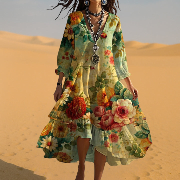 Elegant women's vintage style floral maxi dress, featuring long sleeves and a flowy tiered boho design for summer.