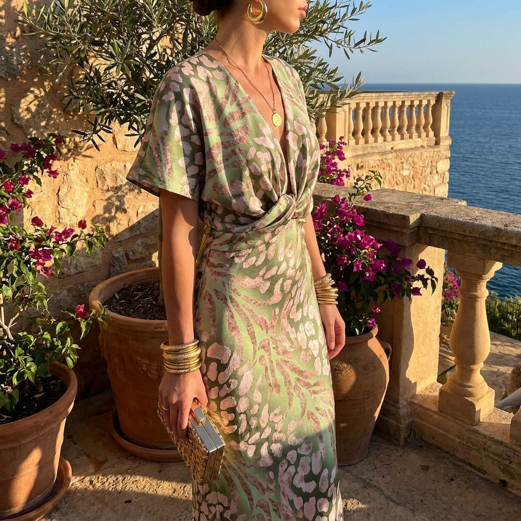 Elegant women's maxi dress, perfect for wedding guests. Features a v-neck, wrap style, and cinched waist. Formal evening wear.