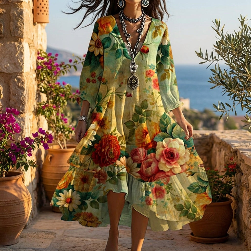 Women's effortless boho floral maxi dress, perfect for summer. Features elegant long sleeves and a beautiful vintage print.
