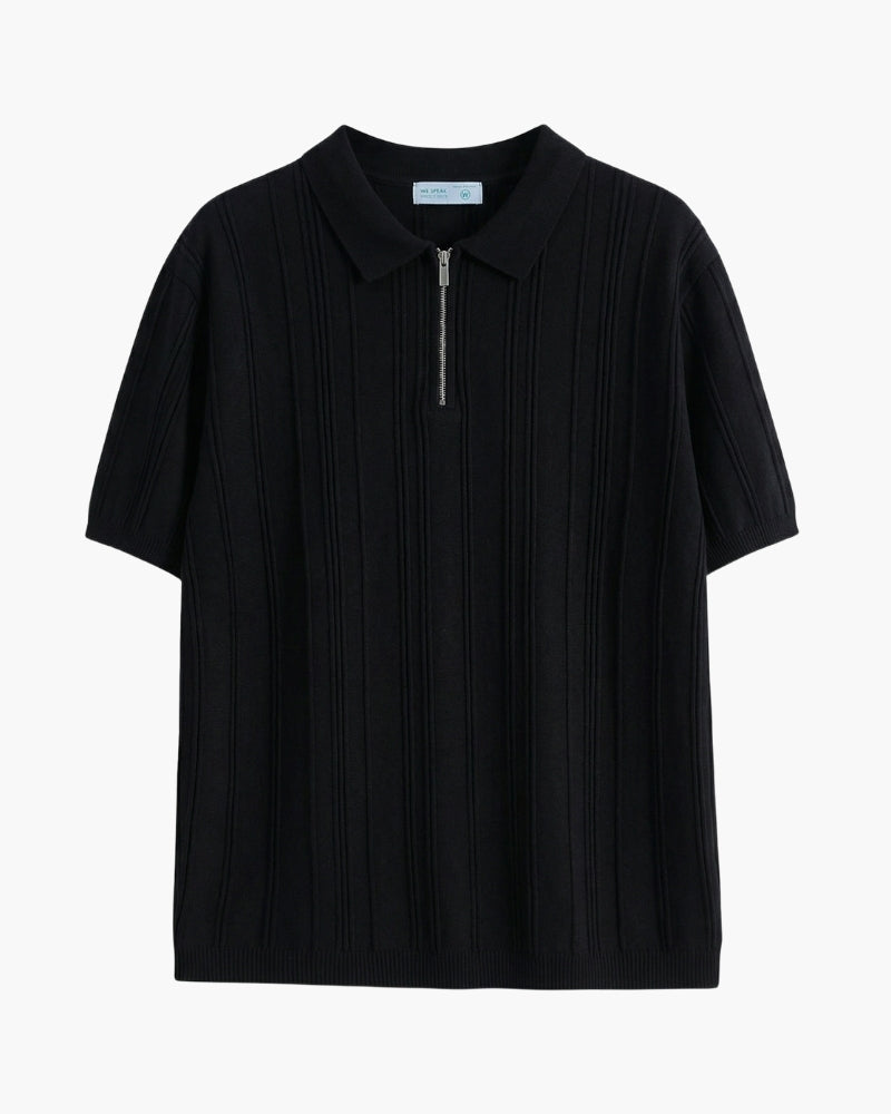 Modern men's striped half-zip polo shirt, offering a stylish knit design and comfortable versatile wear.