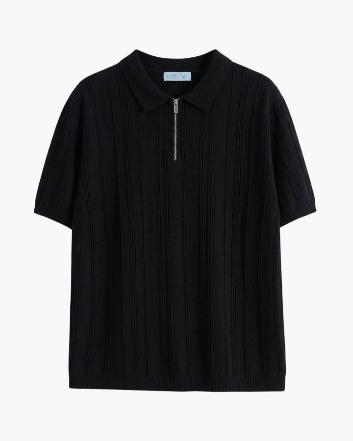Modern men's striped half-zip polo shirt, offering a stylish knit design and comfortable versatile wear.