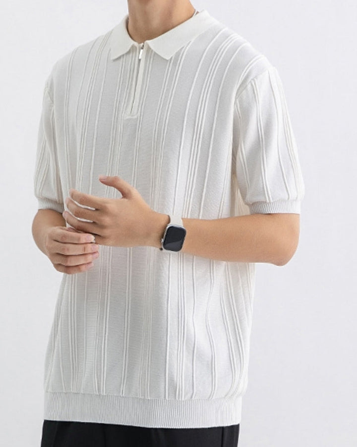 Comfortable men's knit striped half-zip polo shirt, perfect for all-season versatile and smart casual wear.