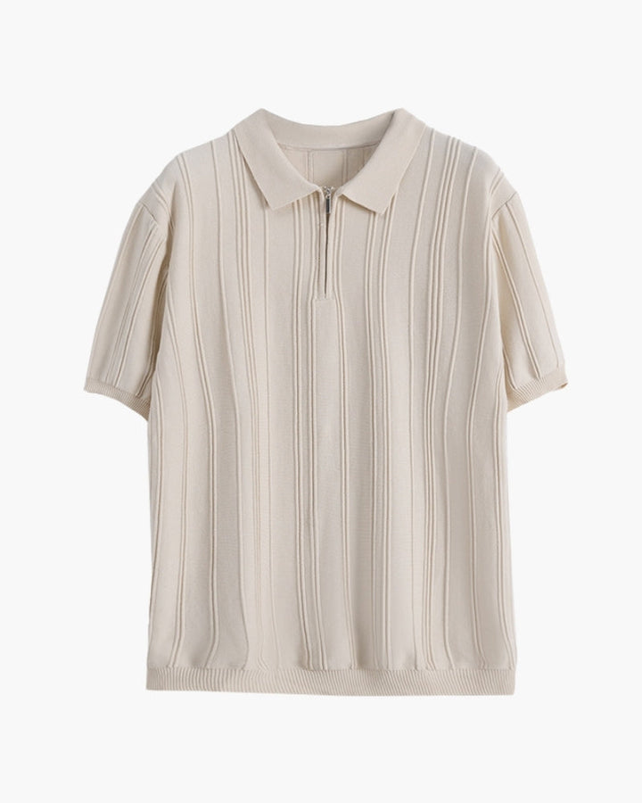 Relaxed fit men's striped half-zip polo, ideal for smart casual style and versatile comfort.