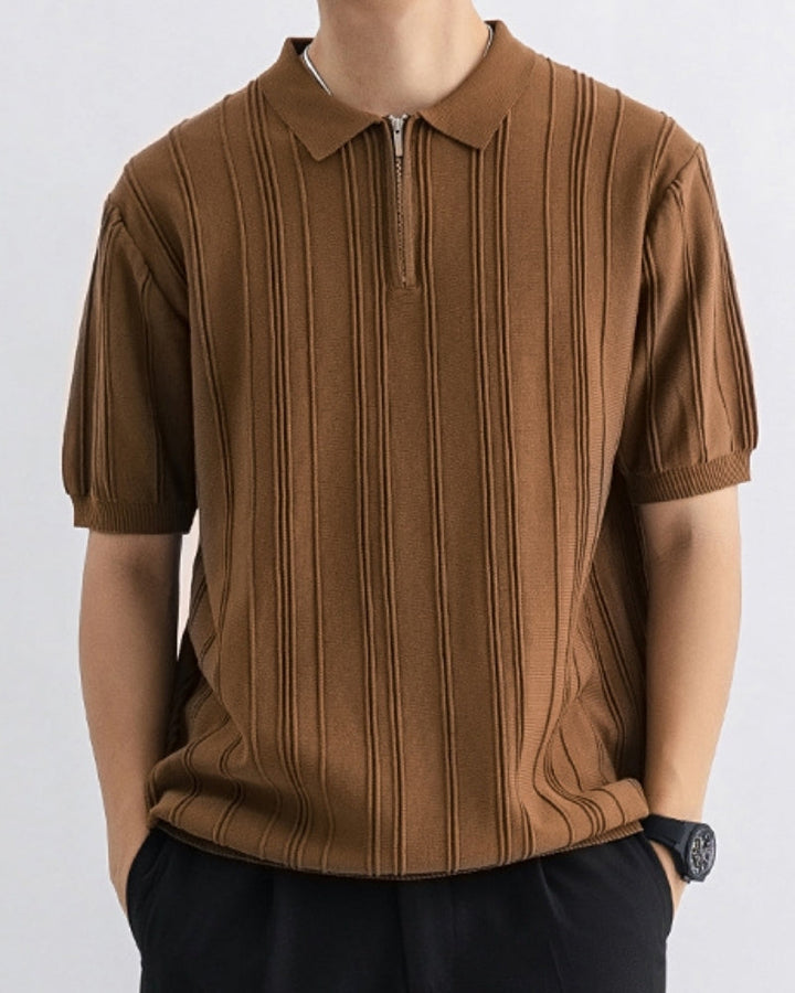 Men's stylish striped half-zip polo shirt for smart casual versatile wear, relaxed fit knit top.