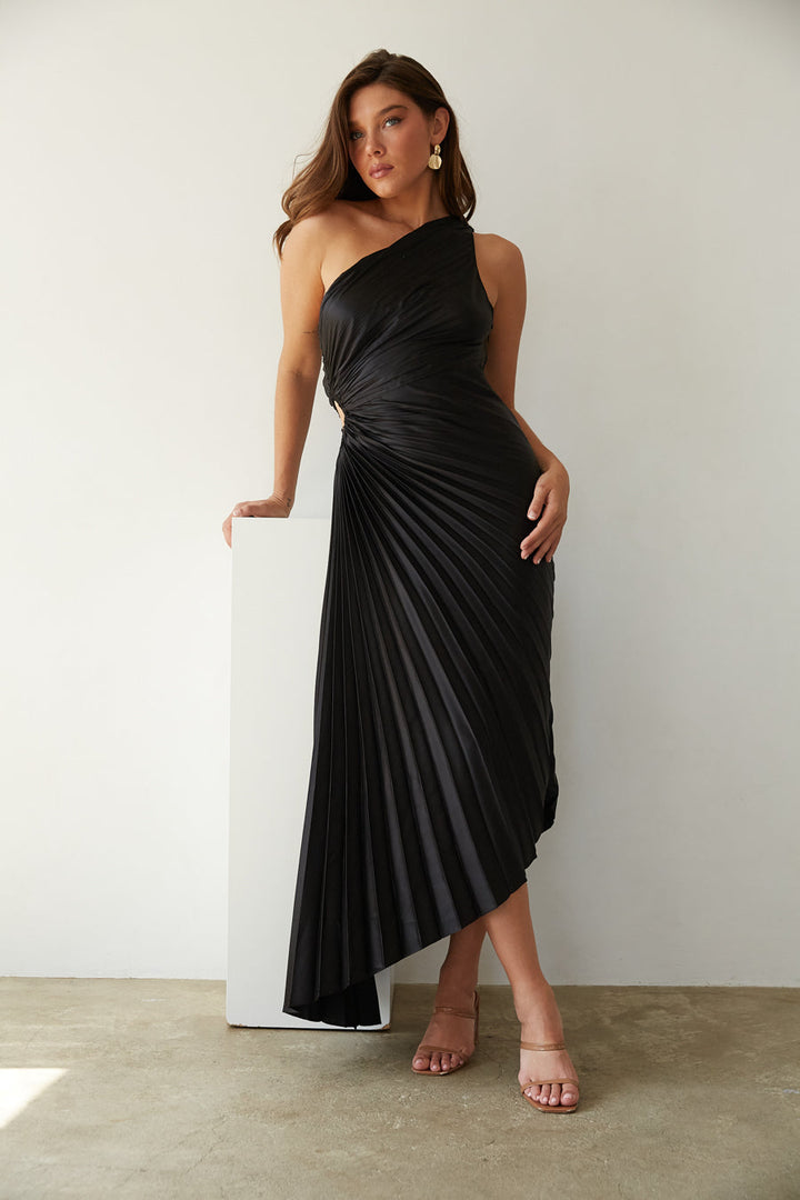 Stylish asymmetrical pleated midi dress, an elegant choice for special occasions.