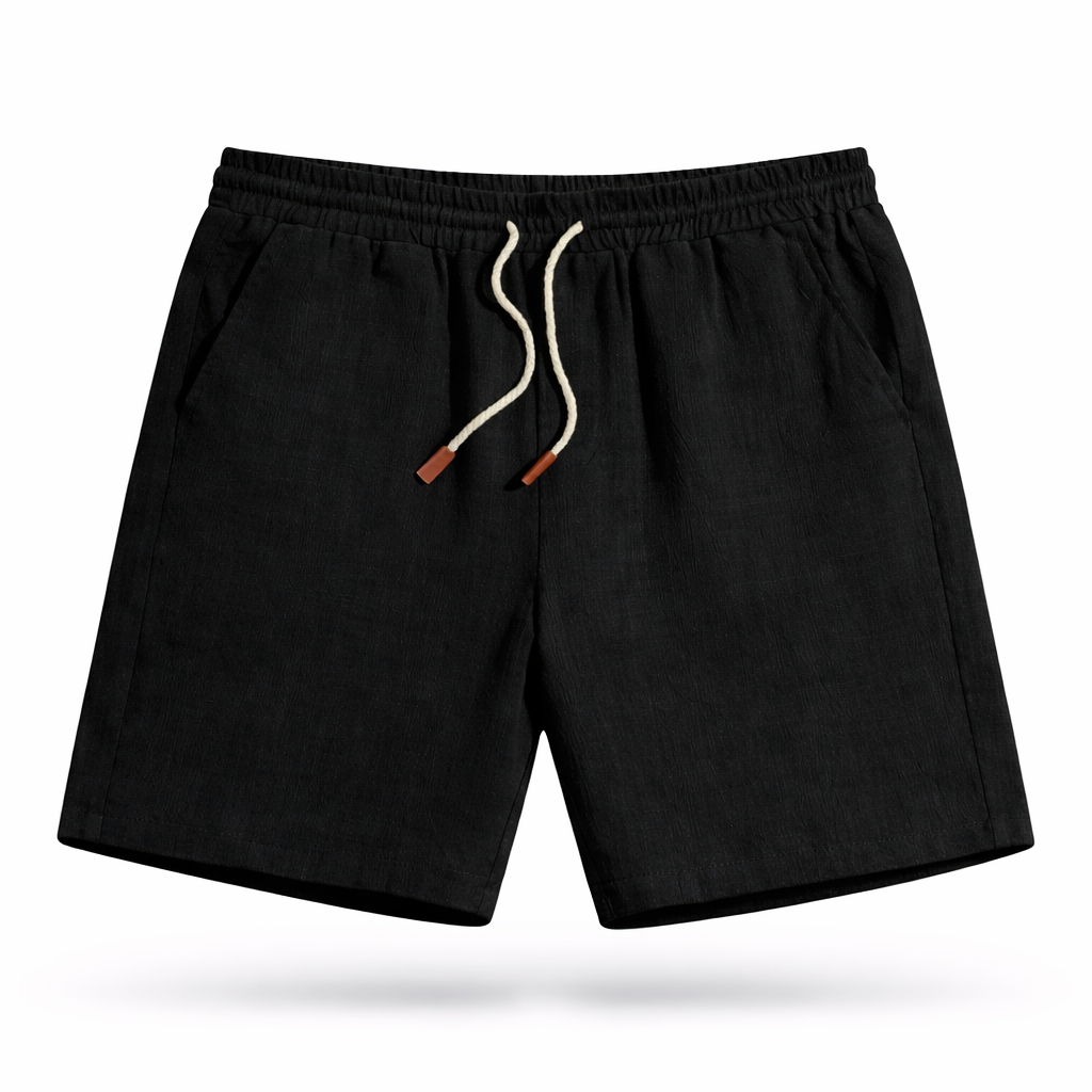 Close-up of men's casual drawstring shorts, showcasing the elastic waistband & soft fabric for summer comfort.