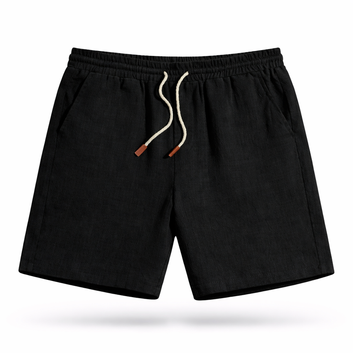 Close-up of men's casual drawstring shorts, showcasing the elastic waistband & soft fabric for summer comfort.
